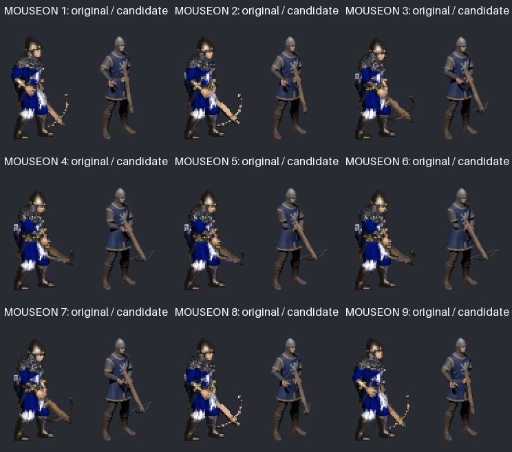Nine hover frames against the original