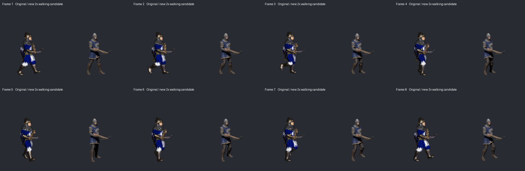 Eight walking frames compared with the original; new renders use the fixed battle camera at 2x