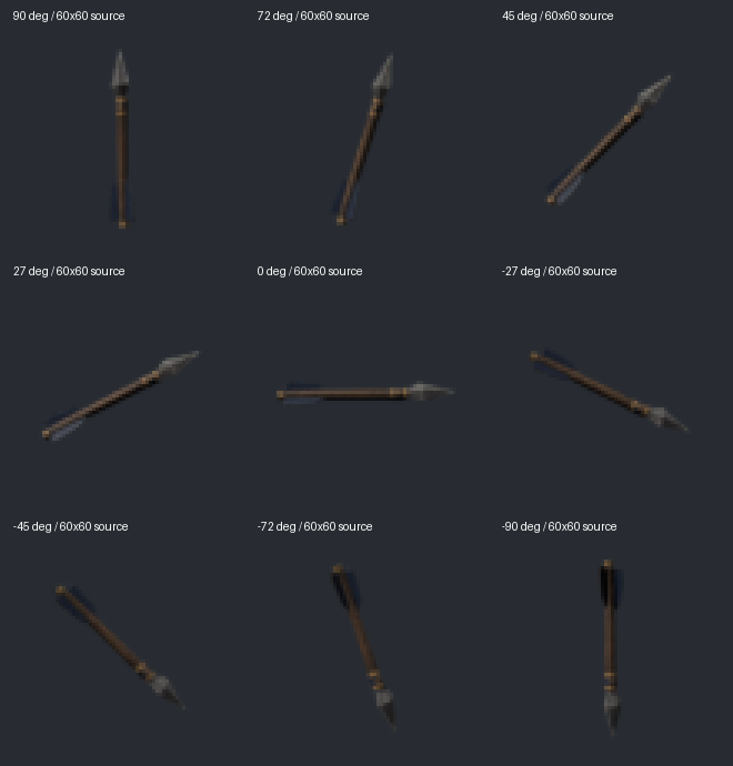 Nine projectile direction renders from the Meshy bolt, each sourced from a 60×60 image