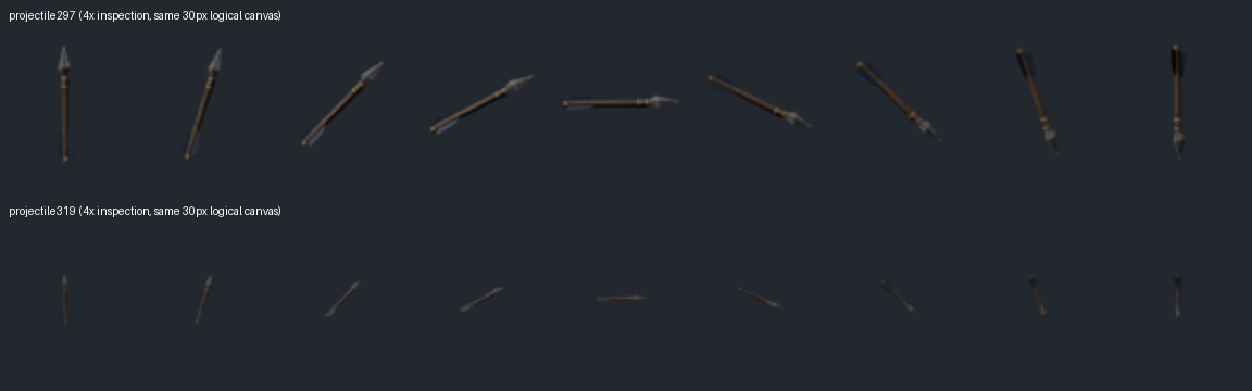 Projectile size comparison on identical canvases: previous draft above, front-shot calibration below; shown at four times logical size