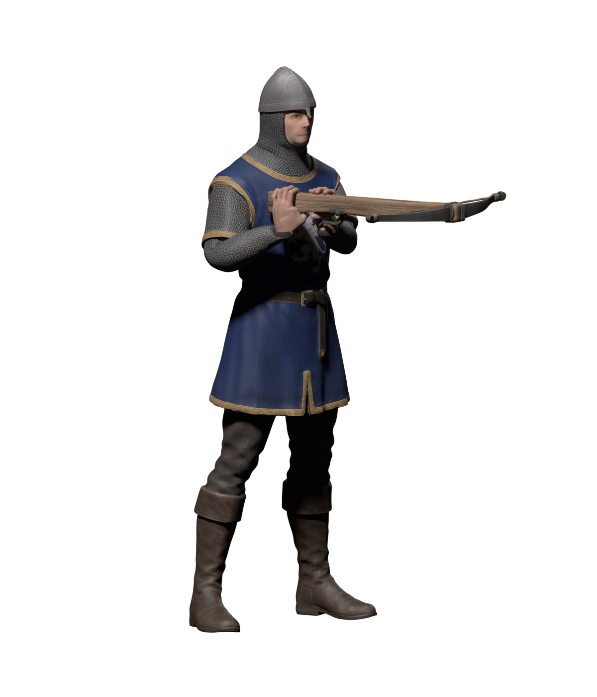 Blender still of the raised-bow study, not a complete firing animation
