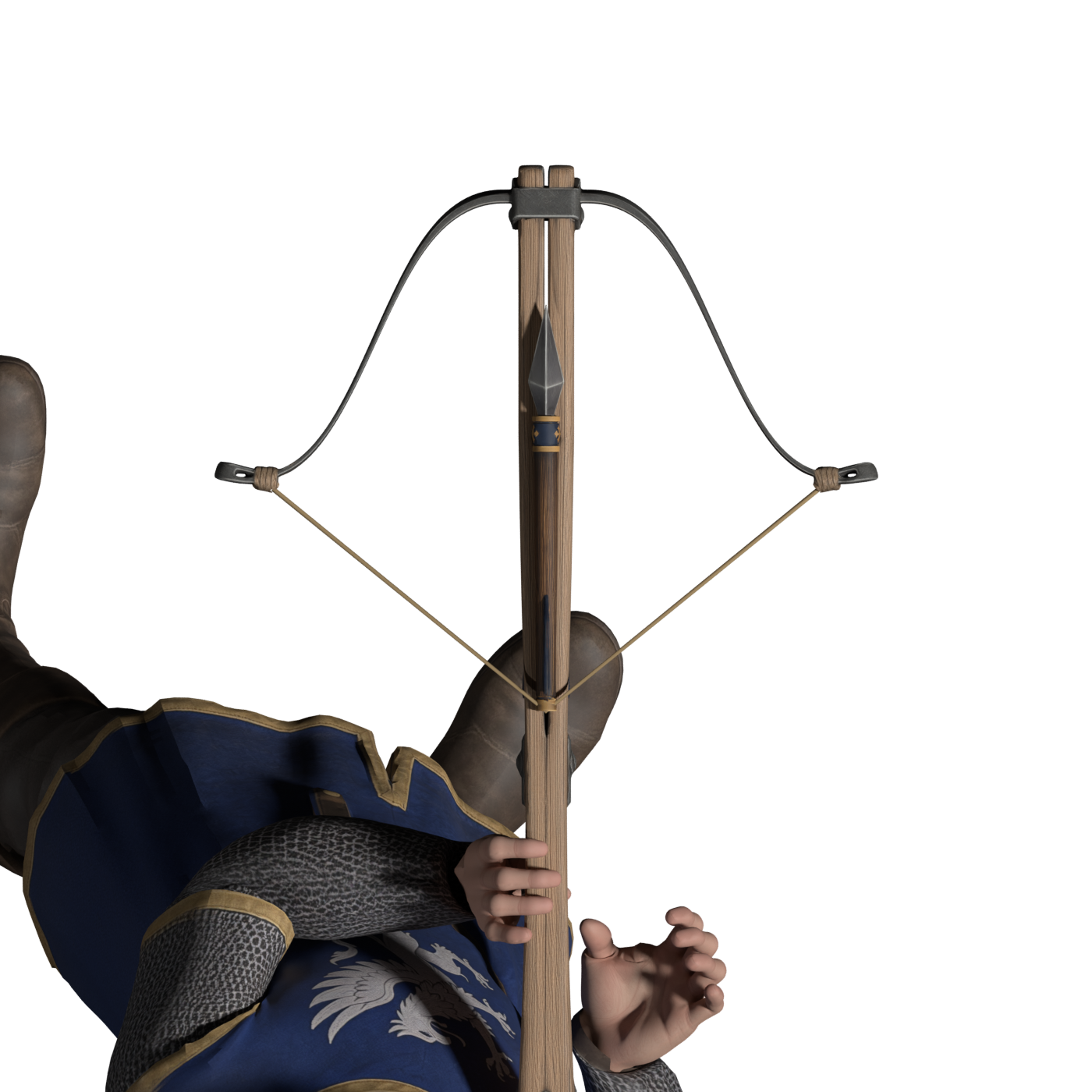 Cocked crossbow with bent limbs and the bolt tail at the string centre