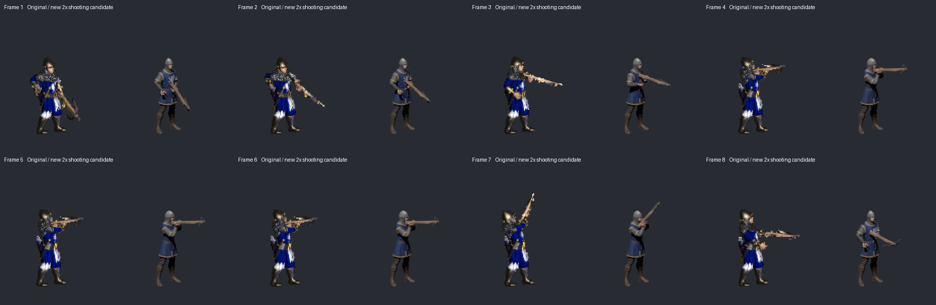 Eight up-shot frames: original on the left of each pair, new fixed-camera 2x render on the right
