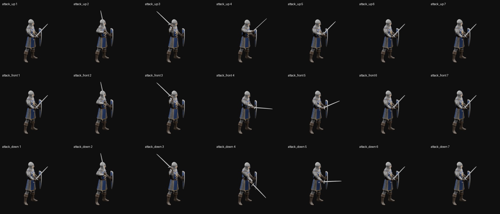 Seven-frame attack drafts in three directions; leg lunges are still missing