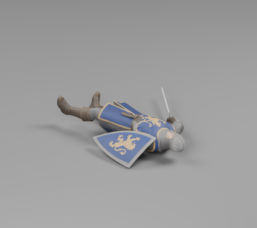Corrected final fall pose, a static Blender floor diagnostic