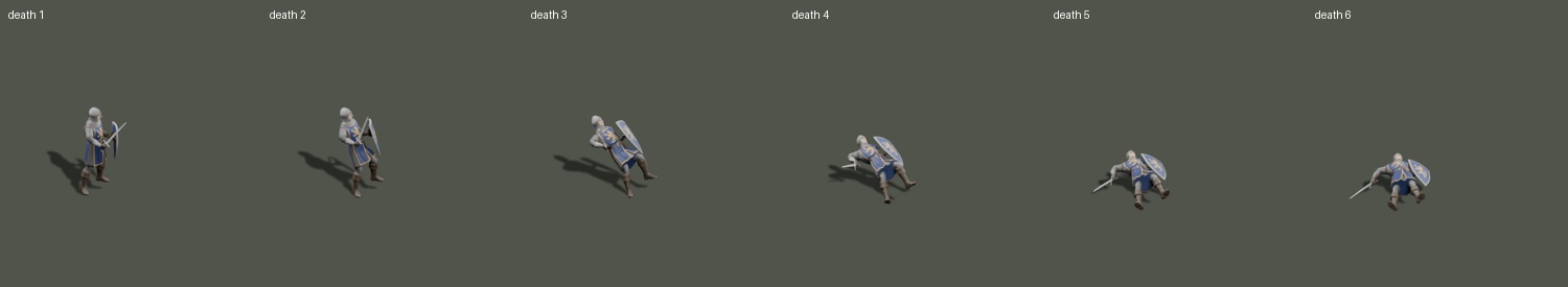 Six death frames composited offline on the fixed game canvas with precomputed shadows
