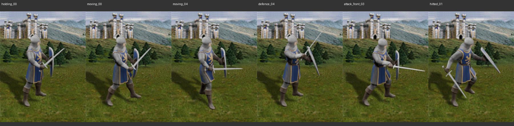 Six Swordsman poses using the client panel crop, composited offline