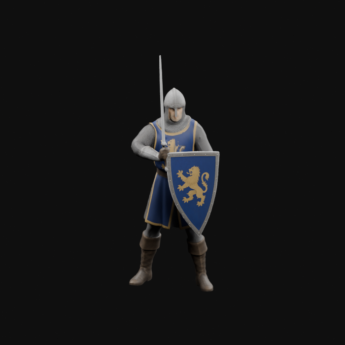 Swordsman midpoint turn pose, a static Blender render