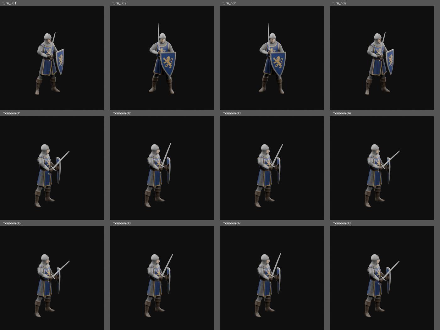 Both turns and eight mouse-hover poses, rendered offline in Blender
