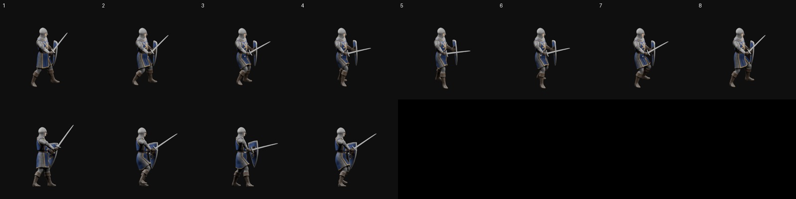 Eight-frame walk and side key poses, rendered offline in Blender