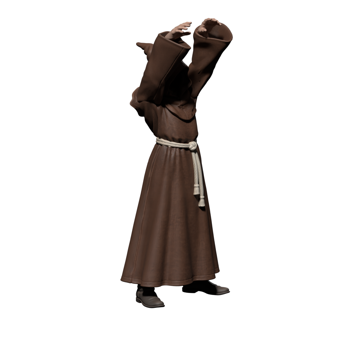 Upward cast, actual 1200×1200 Blender still; sleeve and shoulder-cowl deformation still need work
