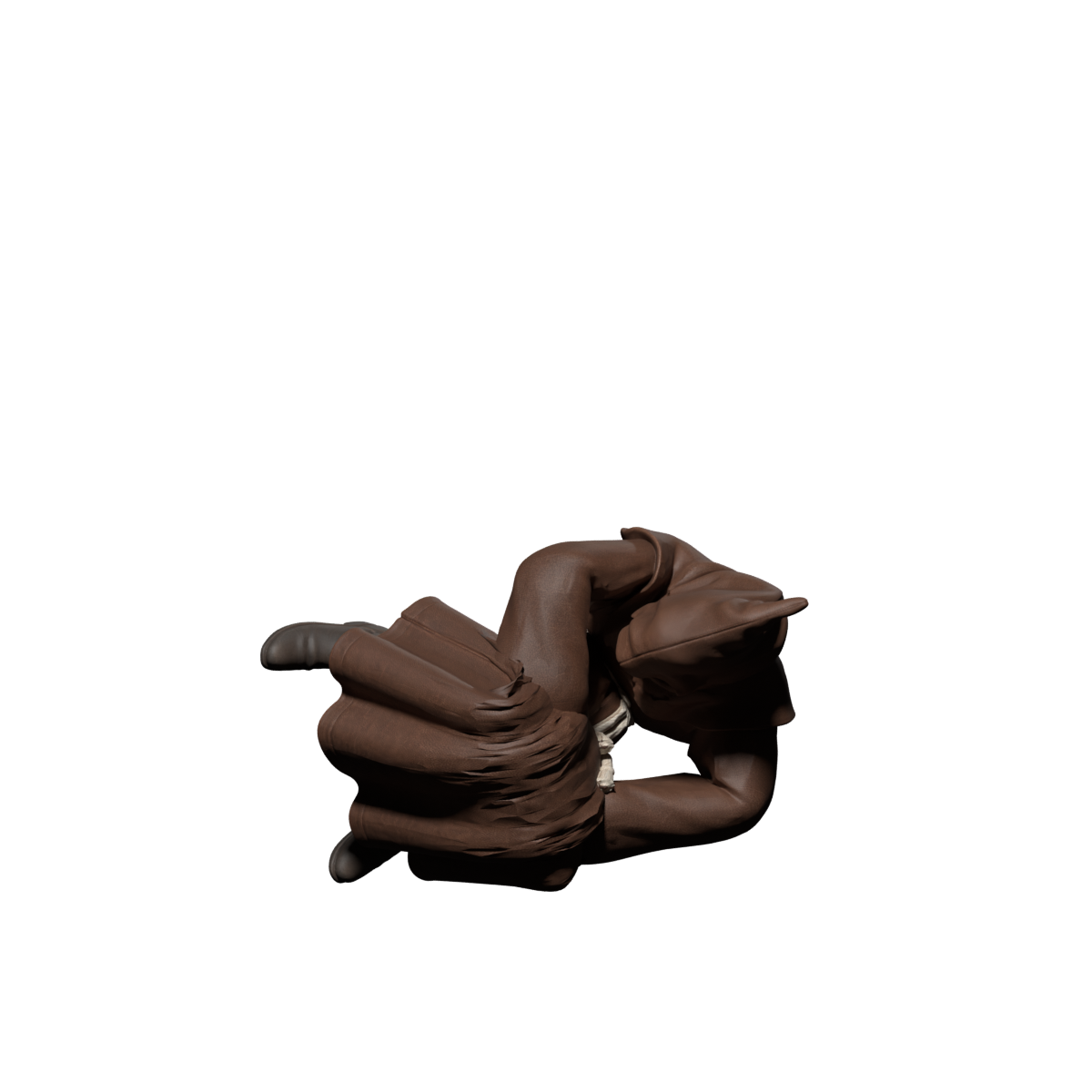 Side-fall trial with stretched, overlapping robe folds; actual 1200×1200 Blender still, not an accepted result