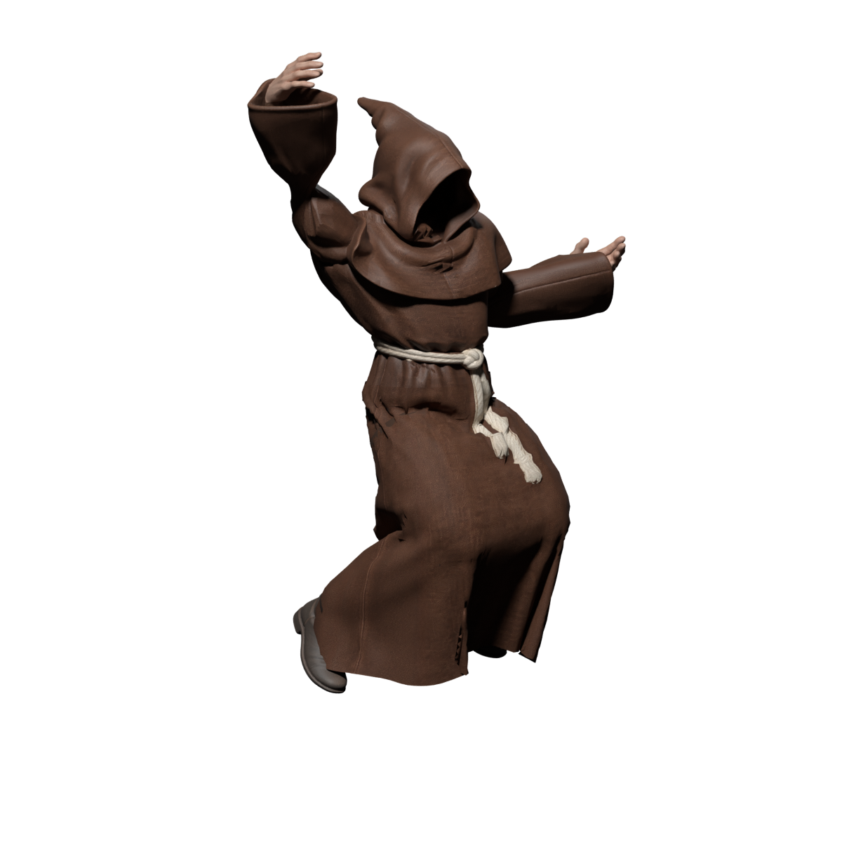 Corrected raised-arm direction in frame seven, actual 1200×1200 Blender still; shoulder connection and palm orientation remain unfinished