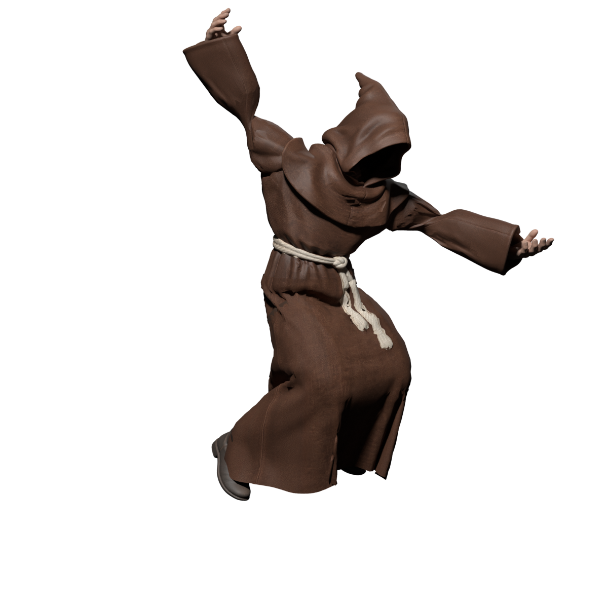 Revised torso lean and raised arm in frame seven, actual 1200×1200 Blender still; shoulder clothing and palms remain unfinished