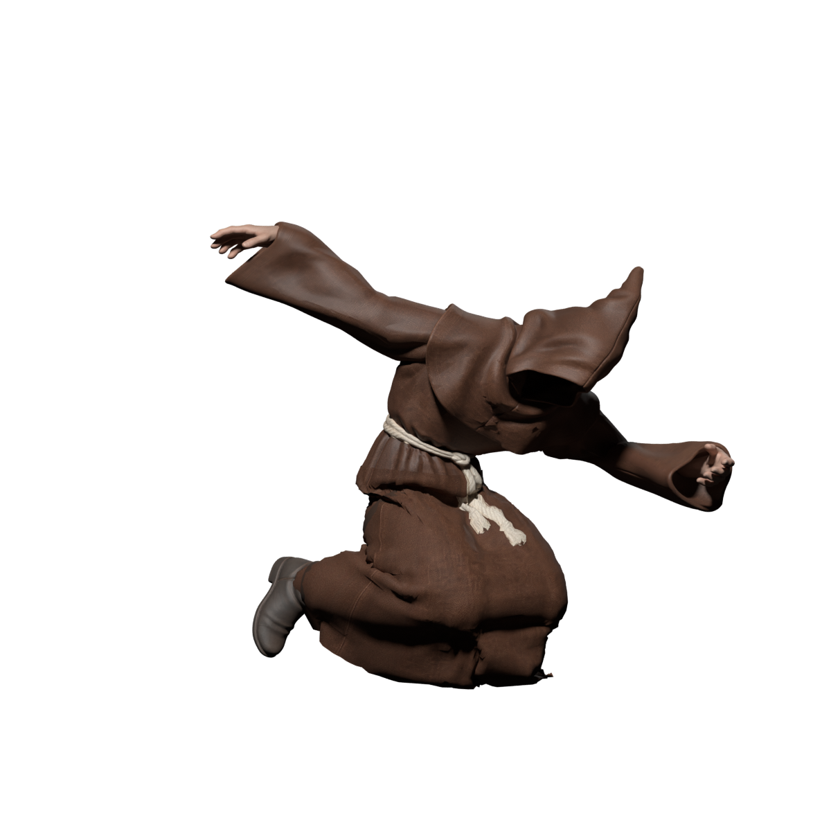 Frame nine with the arms spread again, actual 1200×1200 Blender still; knee and waist folds remain unaccepted