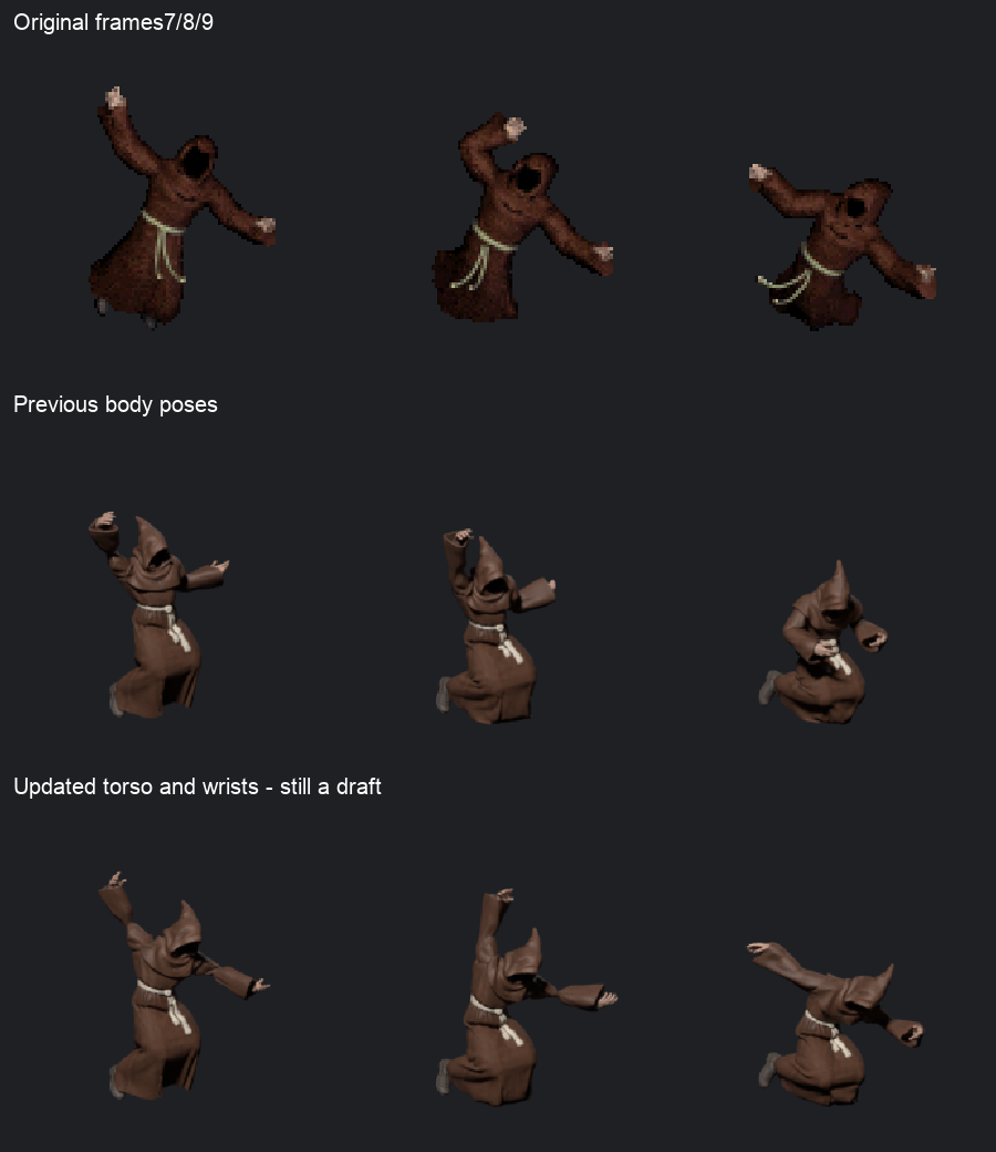 Original, previous and revised frames seven through nine; the new candidate still lacks overall visual acceptance