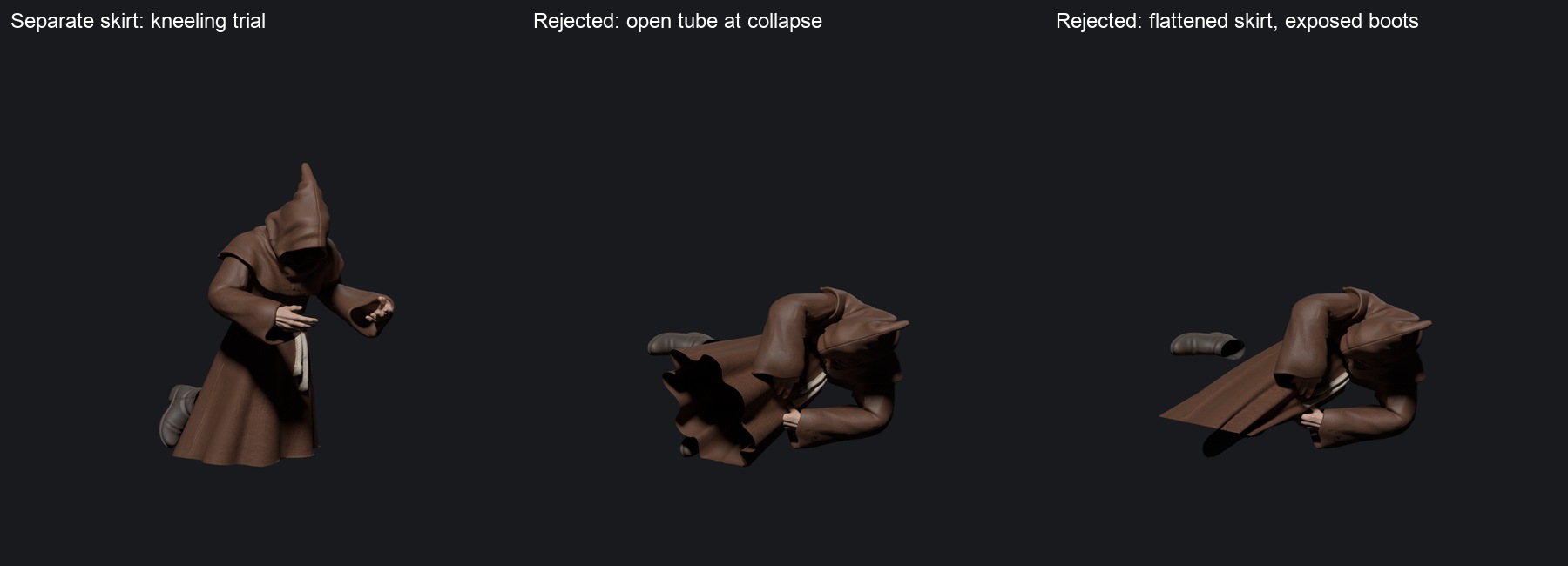 Blender stills of the kneeling trial, rejected tubular collapse and rejected flattened skirt with exposed boot openings