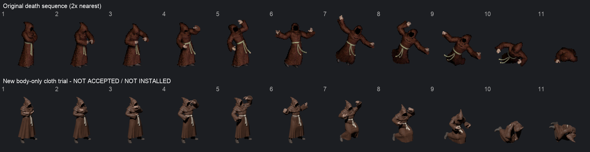 Original eleven-frame death sequence above the new offline body trial; not a running-game capture