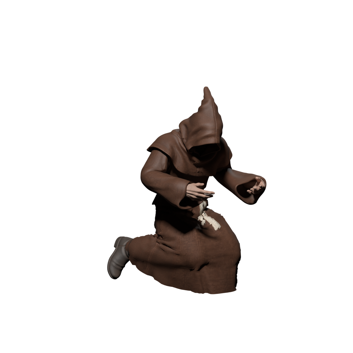 Kneeling trial after correcting joint collision lengths and adding inner leg surfaces; actual 1200×1200 Blender still, clothing unfinished