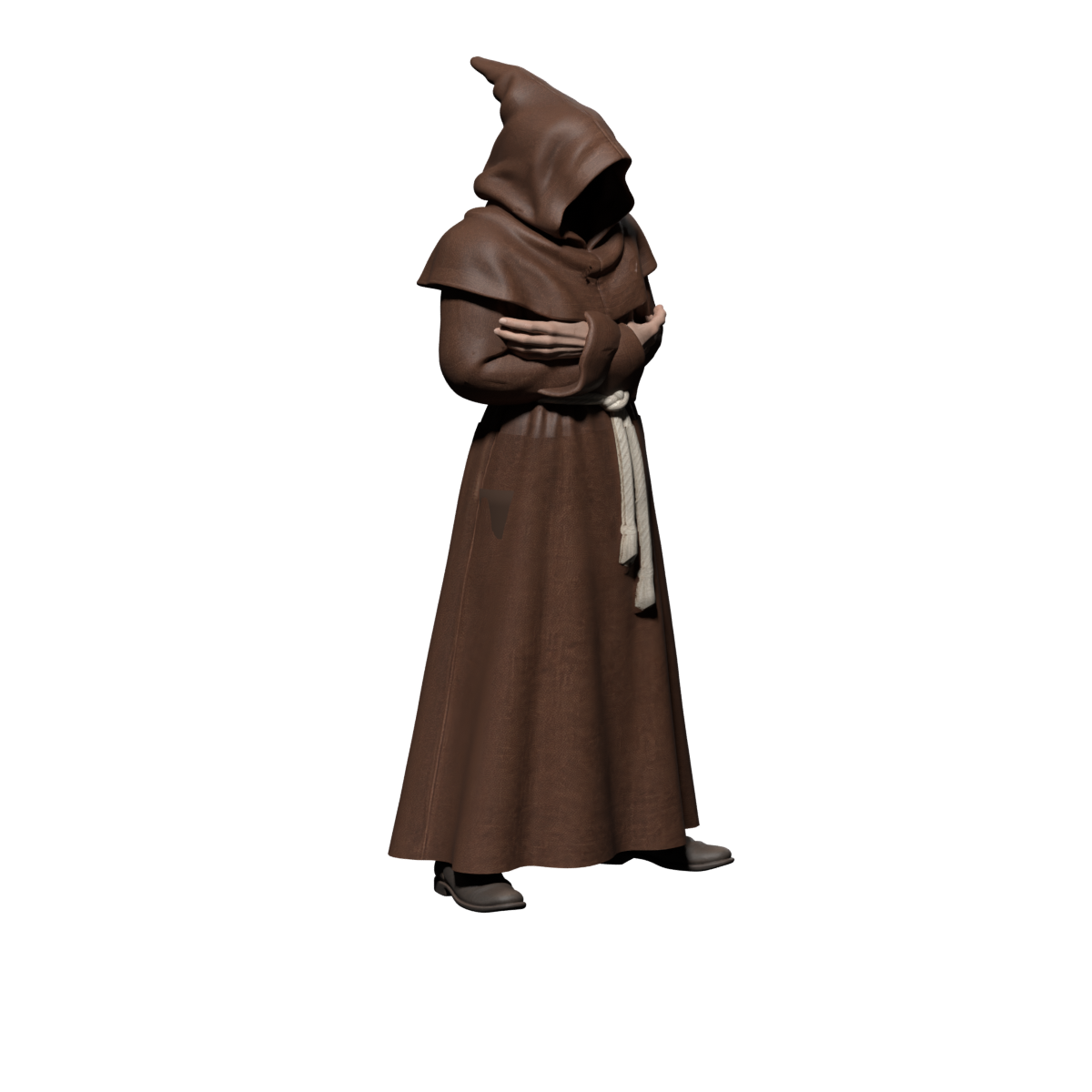 Standing pose with the longer hem, actual 1200×1200 Blender still; model still under repair
