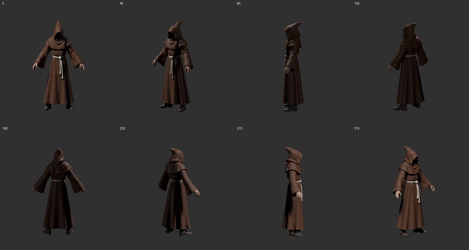 Eight Blender views of the same mesh for inspecting the hood, rope, robe and cuffs