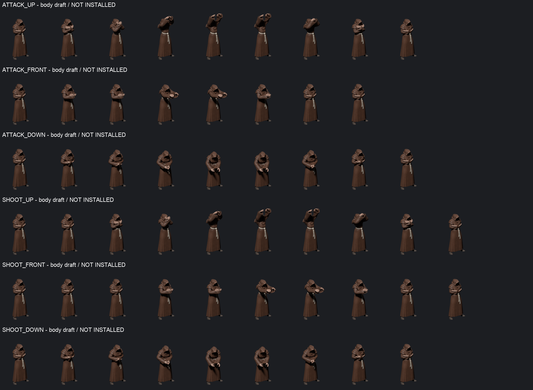 Complete current body frames for three melee and three ranged directions; no effect layers