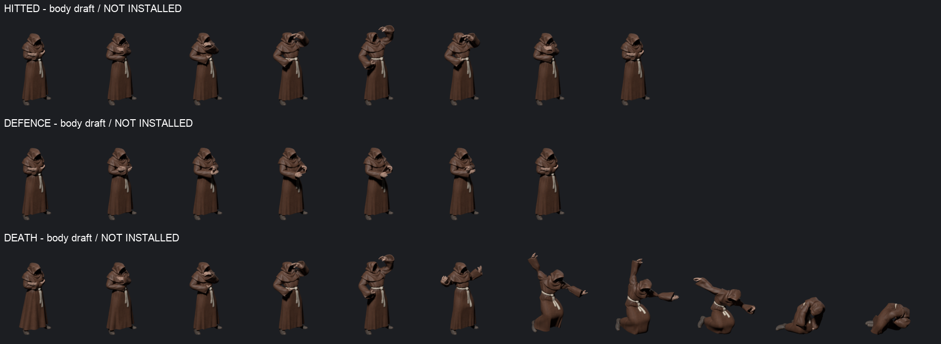Complete current body frames for hit reaction, defence and death