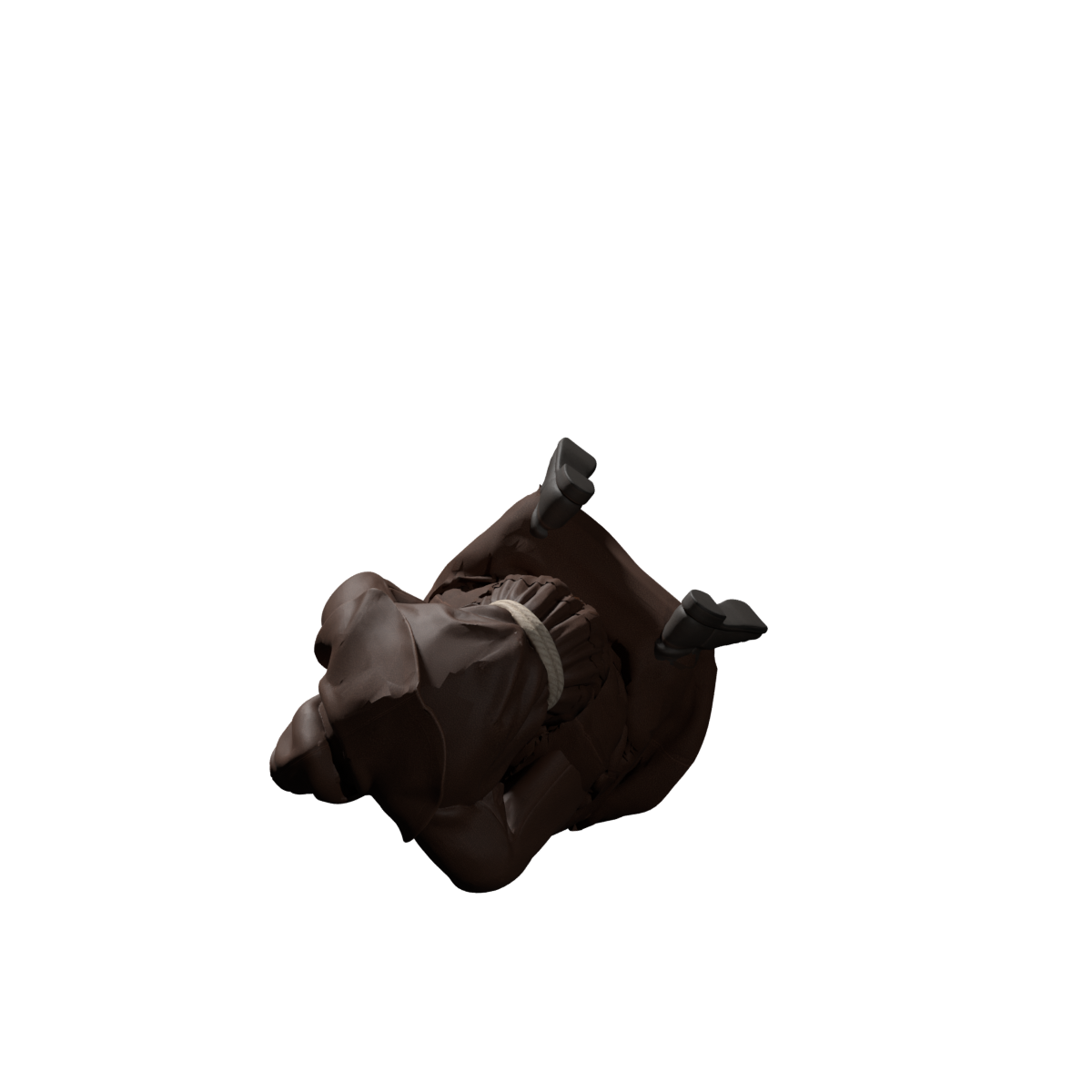 High-resolution Blender side view of the unfinished collapse, exposing the raised boots and waist folds