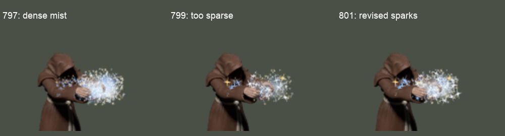 Three density trials: dense mist, sparse particles and the current revision; enlarged offline crops