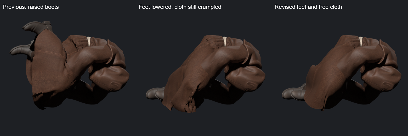 Previous raised boots, lowered feet with crumpled cloth, and the revised candidate; cropped Blender renders from the same camera