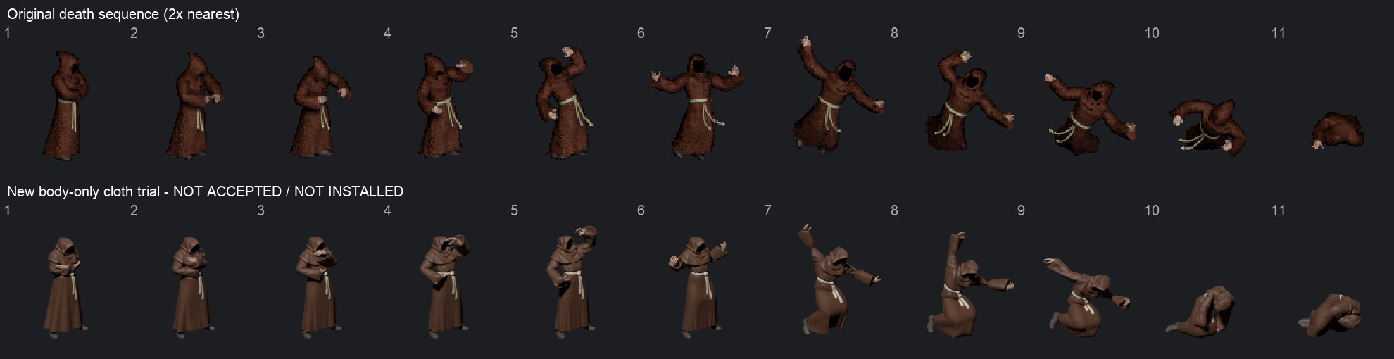 All eleven frames with the current foot and skirt revisions, compared with the original; offline body-only candidate