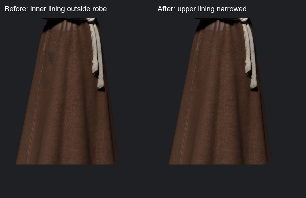 Cropped Blender renders before and after narrowing the upper lining, with the same camera