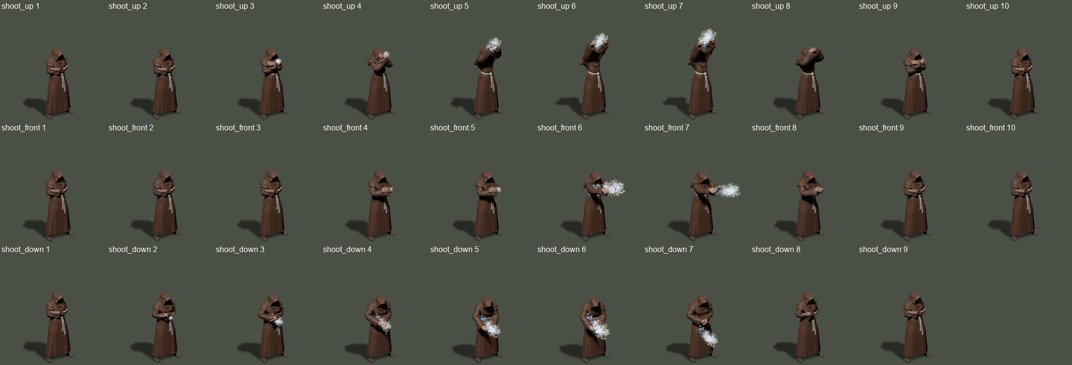 All 29 upward, horizontal and downward casting frames with body, shadow and 3D effect layers