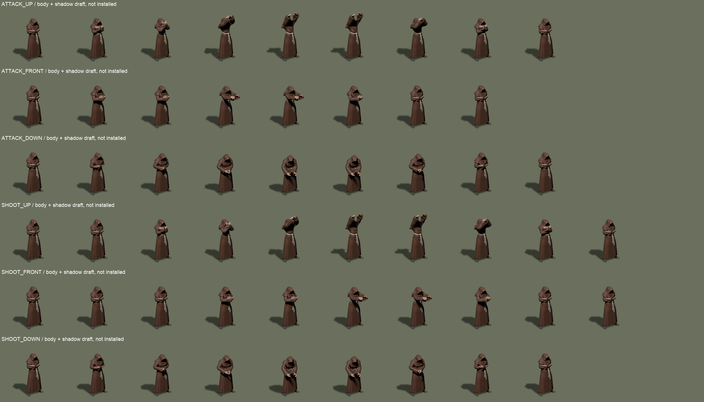 Three melee and three ranged directions with projected shadows; spell effects are still absent