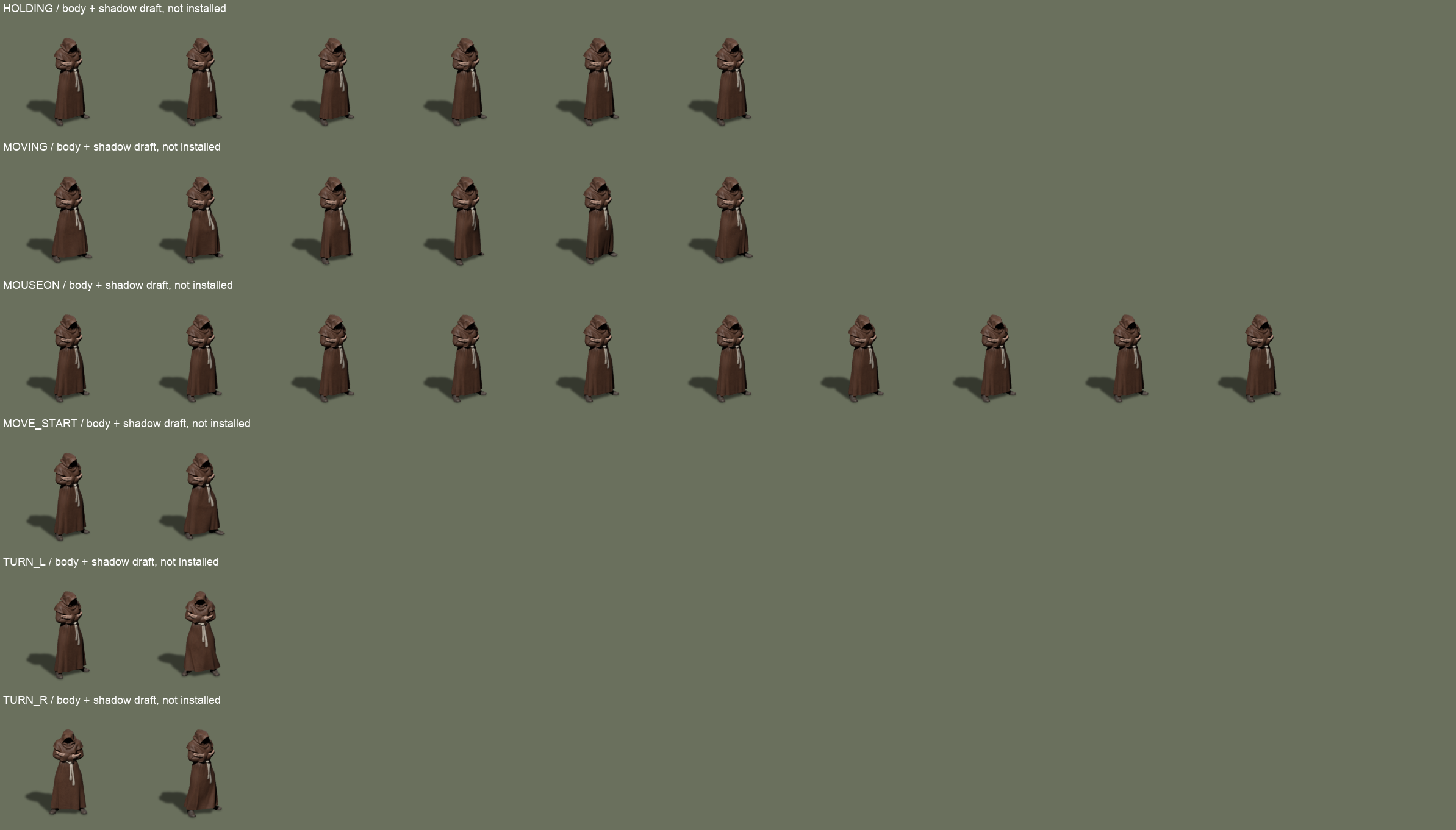 Complete body-and-shadow sequences for holding, walking, mouse-over, move-start and turns