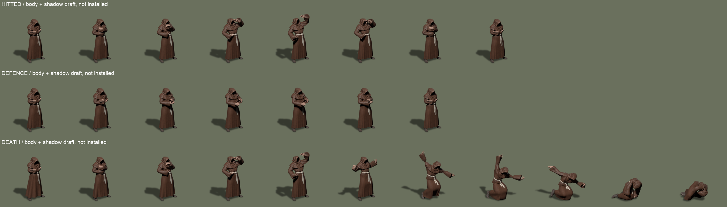Complete hit, defence and death sequences with shadows
