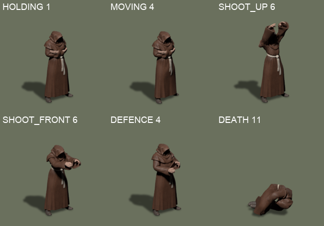 Six offline body-and-shadow composites covering holding, walking, casting, defence and death; not installed