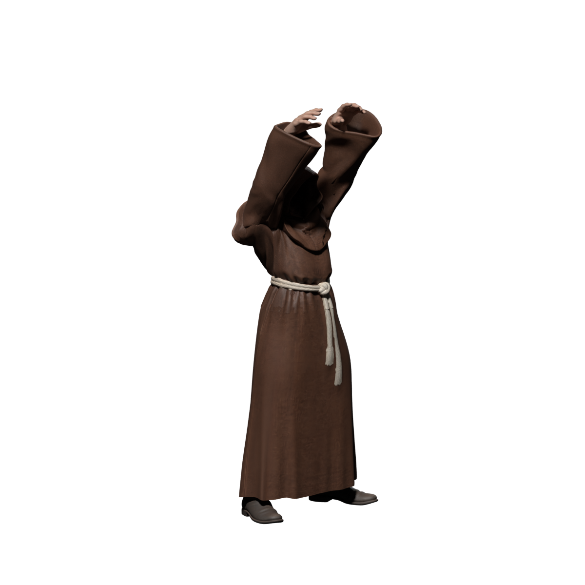 Upward-cast draft with the shoulder correction controlled by arm elevation, actual 1200×1200 Blender still; mantle folds and palms remain unfinished