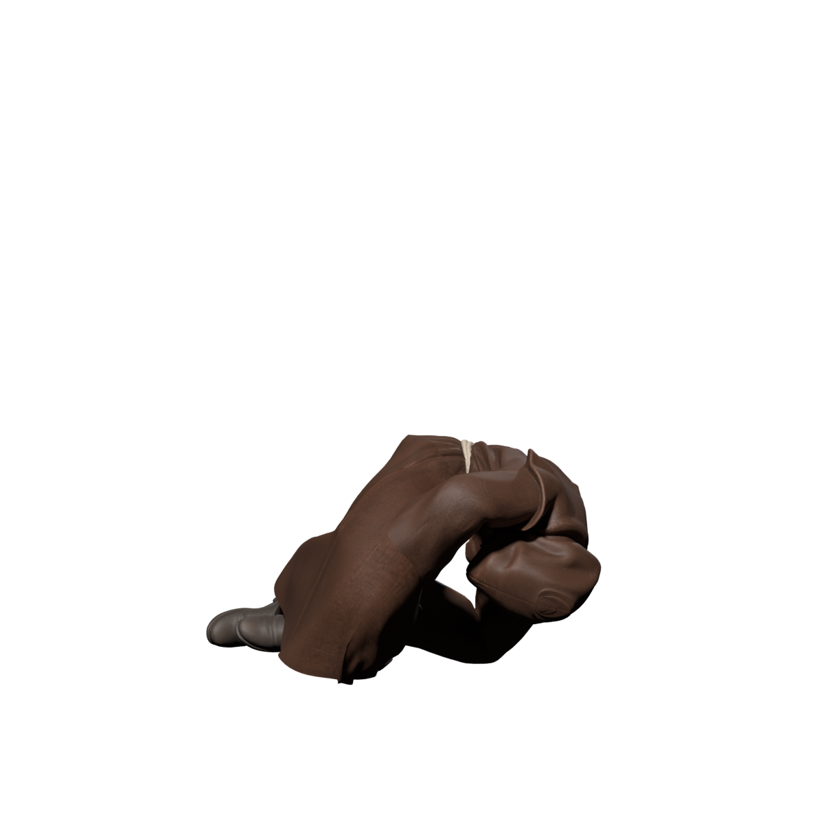 Final collapse with the same revised model, actual 1200×1200 Blender still; overall pose fidelity remains unaccepted
