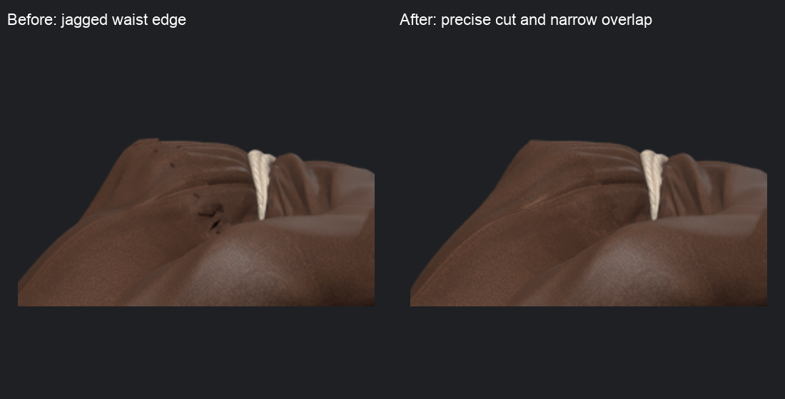 Waist seam before and after revision, cropped Blender renders from the same camera