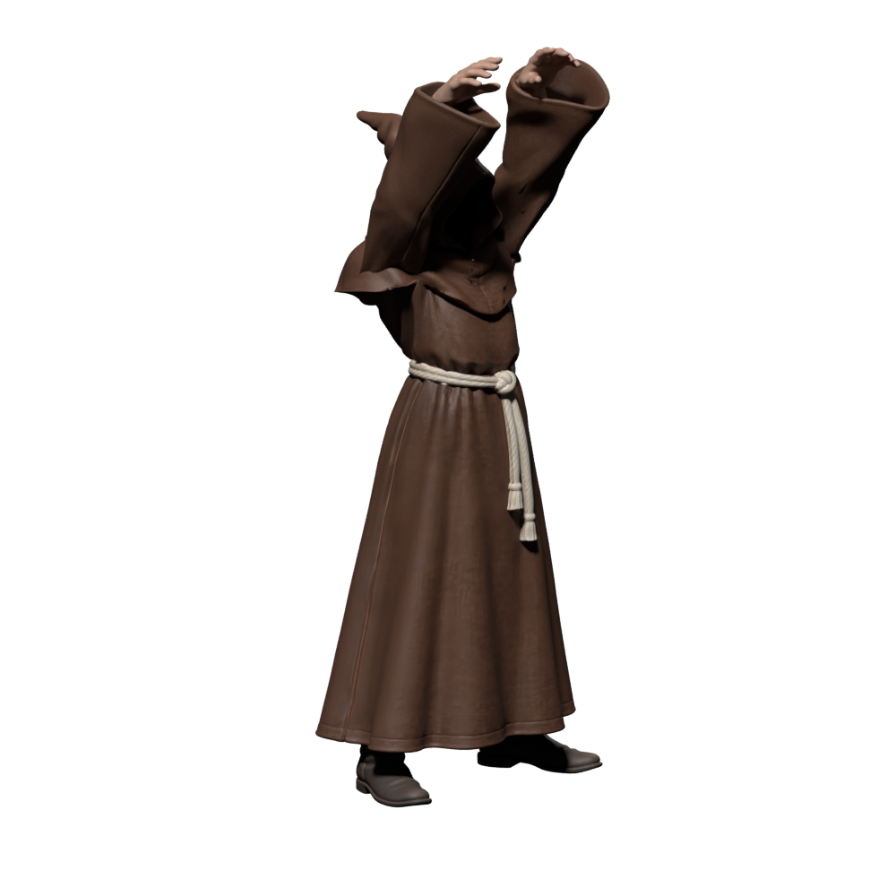 Rejected shoulder-weight trial: the raised-arm cowl forms a horizontal shelf; actual Blender render