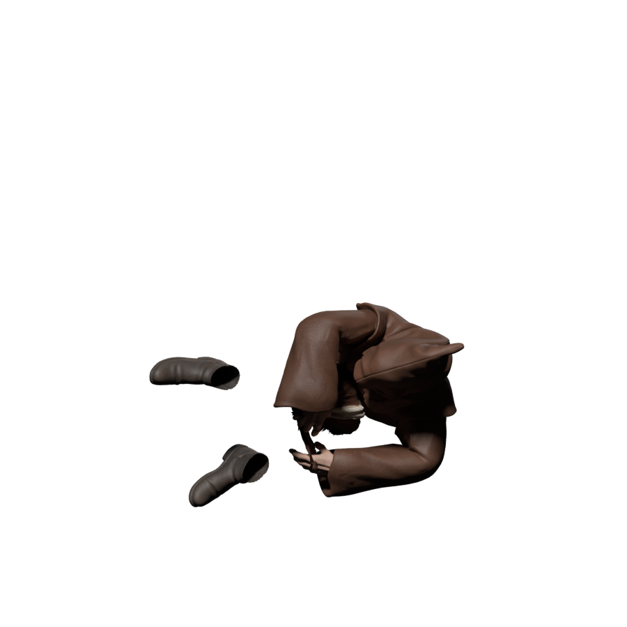 Rejected cloth simulation with the skirt contracted into the body; actual 900×900 Blender still, not a game capture