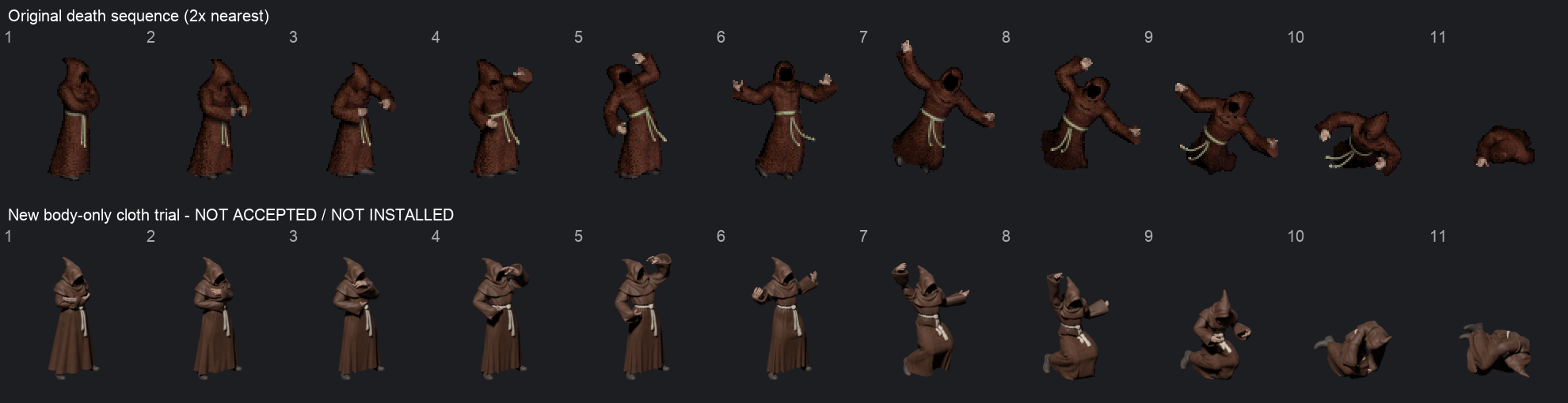 Original sequence above the eleven-frame waist and arm revision; offline body renders, not an accepted or installed result