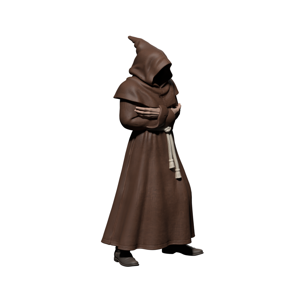 Revised smaller-step walk, actual 1200×1200 Blender still; gait and cloth remain under review