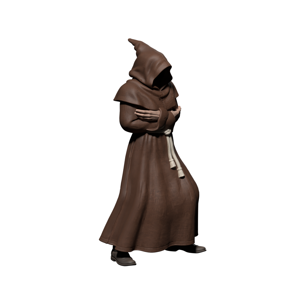 Rejected larger-step walking trial: the raised knee bulges through the robe; actual Blender still