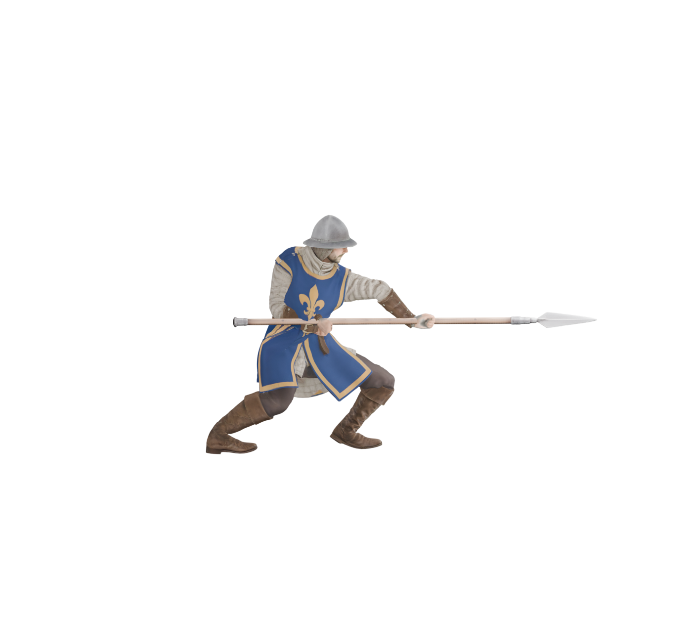 Pikeman thrust at frame six, actual 1400 × 1260 Blender still; costume and overall likeness still differ from the original