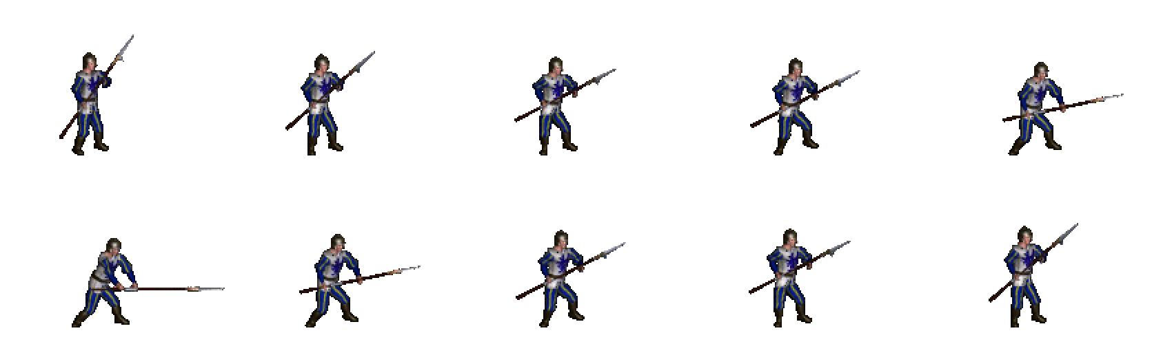Original Pikeman front attack, ten frames enlarged with nearest-neighbor sampling to compare weapon lowering, thrust and recovery