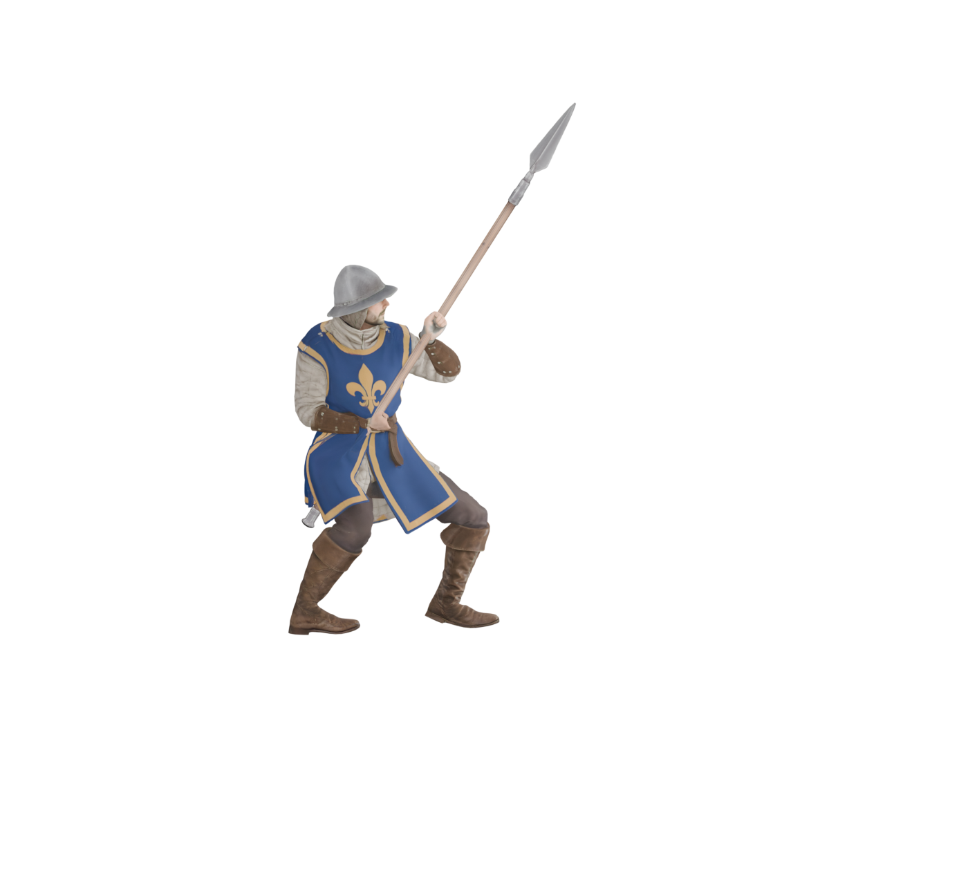 Pikeman ready pose, actual 1400 × 1260 Blender still; offline draft, not installed