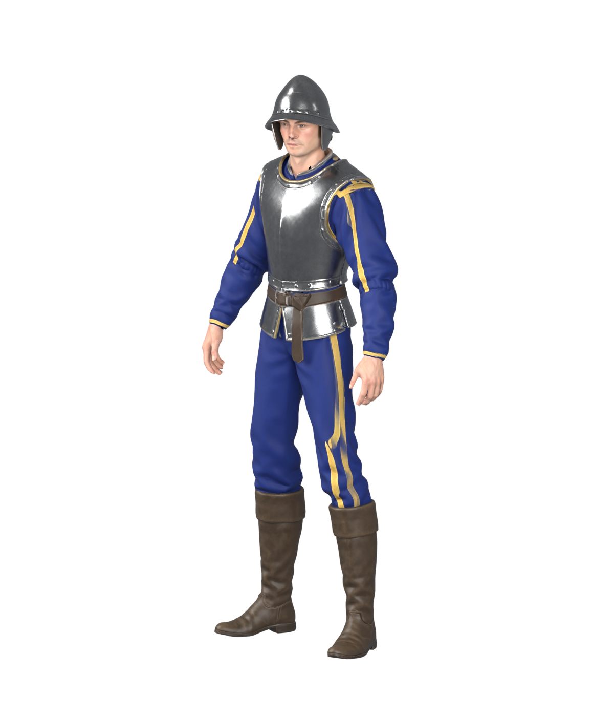 Rigged Pikeman body, actual 1200 × 1400 Blender still; pike not assembled and not installed
