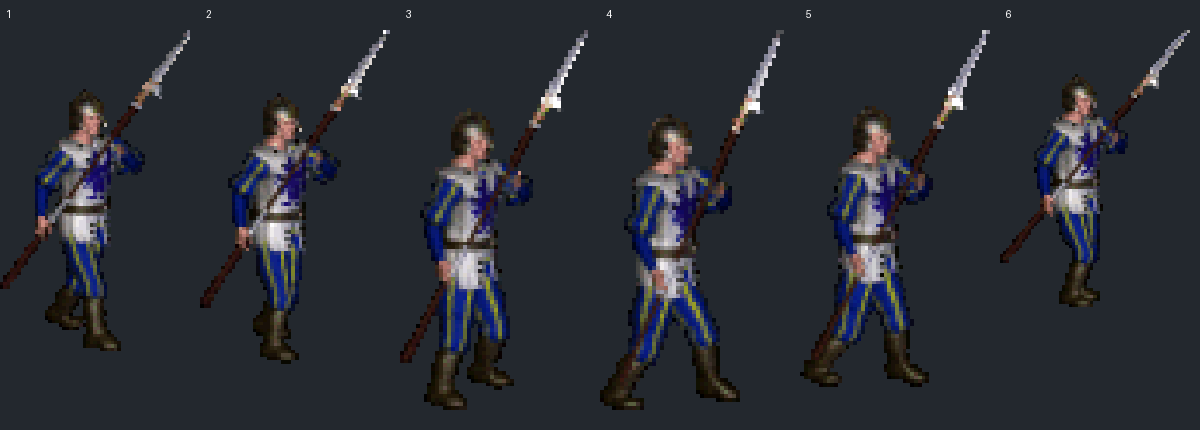 Six original Pikeman walking frames, enlarged with nearest-neighbor sampling to inspect costume blocks and trouser silhouettes